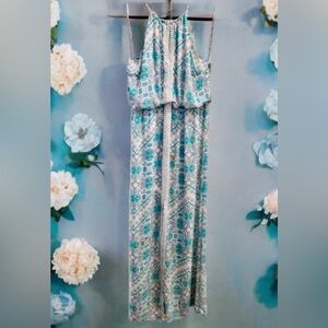 Guess Teal and White Patterned Maxi Dress Vintage Lined - No flaws!